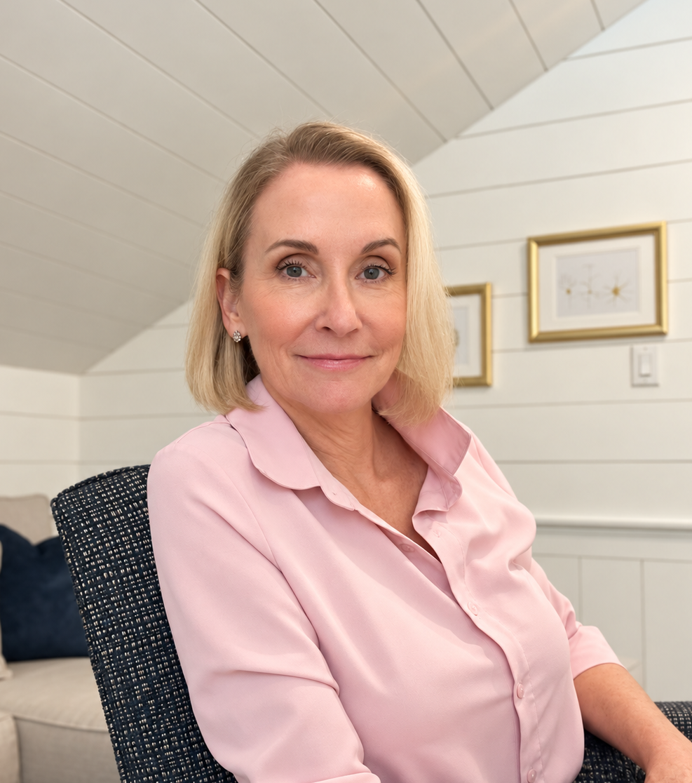 A middle-aged woman with blonde hair and blue eyes sitting on a black and white patterned chair in a cozy, well-lit room, wearing a light pink blouse, with framed artwork on white walls behind her.