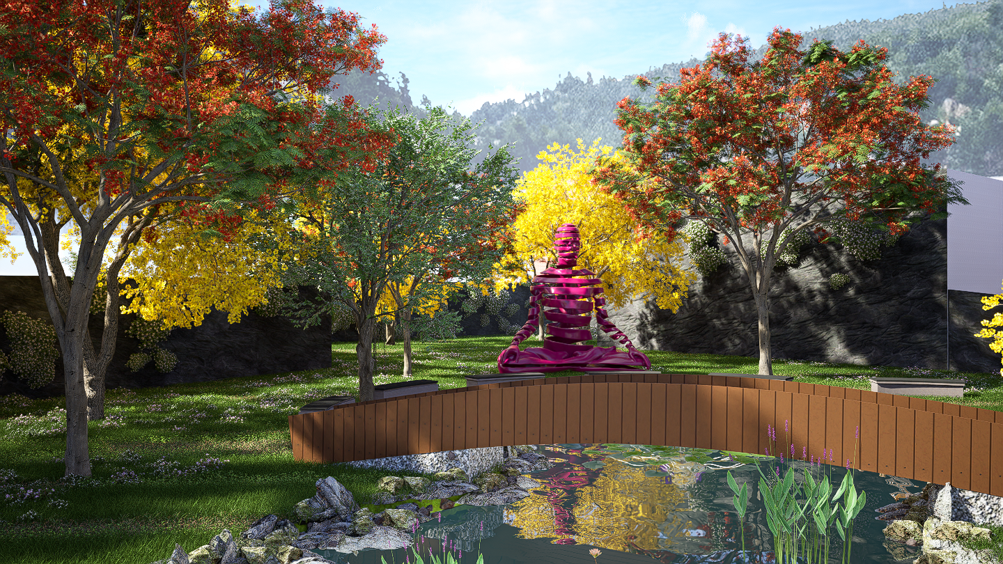 A park scene with colorful trees, a small bridge over water, and a pink sculpture of a meditating person with horizontal strips, surrounded by nature and mountains in the background.