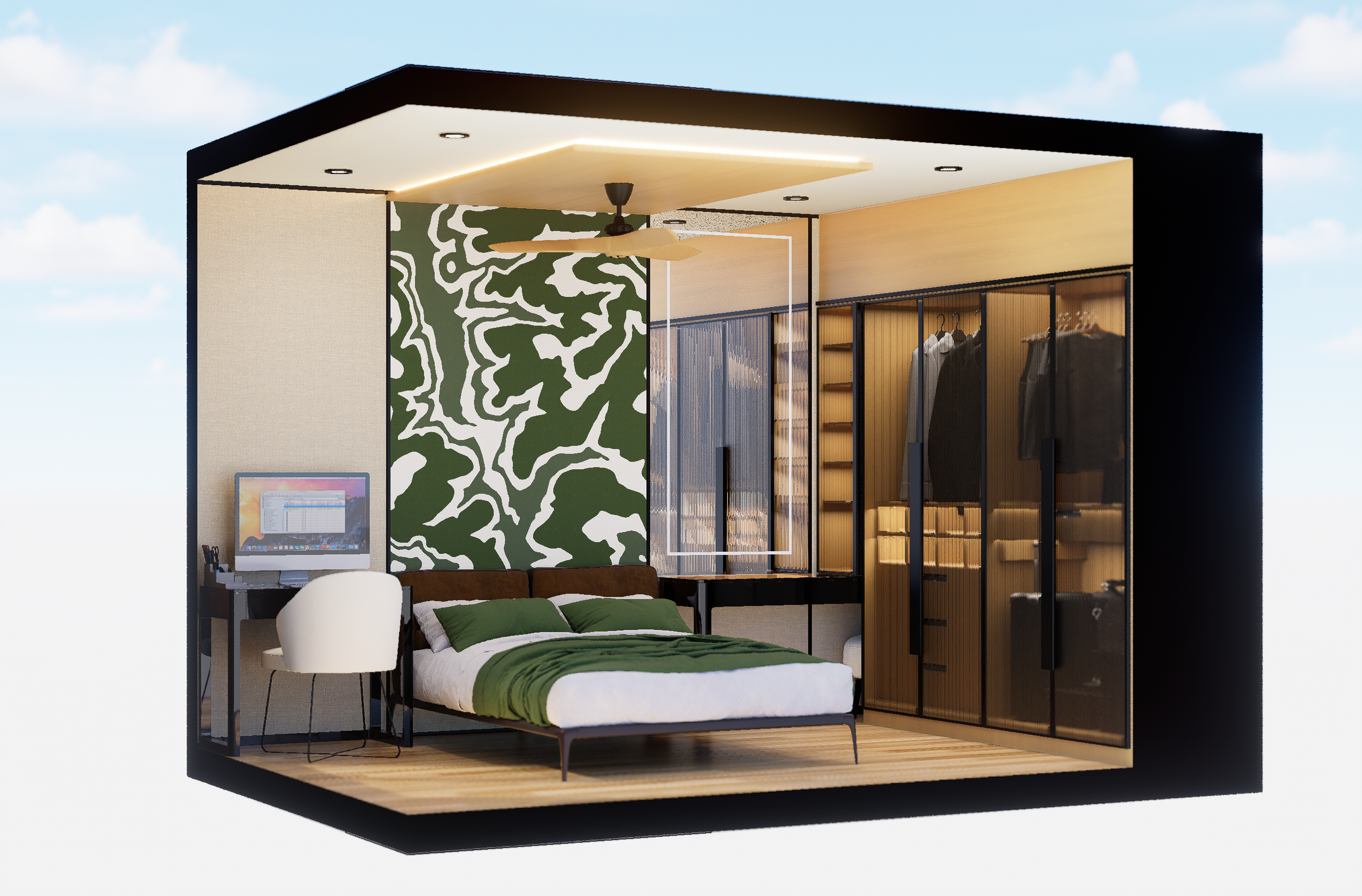 A modern tiny home interior with a bedroom, green and white bedding, a white chair, a computer on a desk, a green and white abstract wall mural, and a glass closet with wooden shelves.