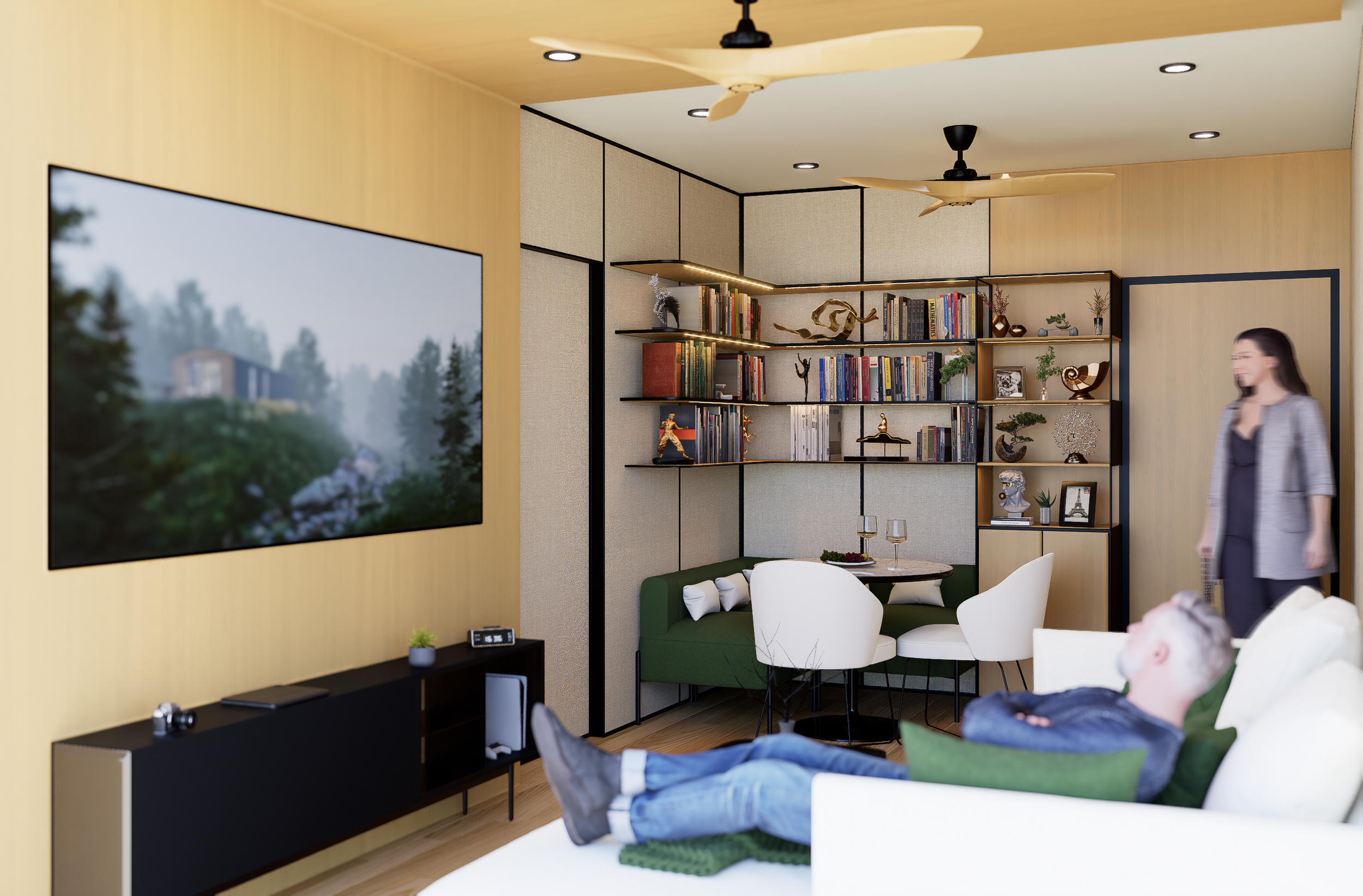 A modern living room with a wall-mounted TV, a bookshelf with decorative items, and people sitting on a white sofa.