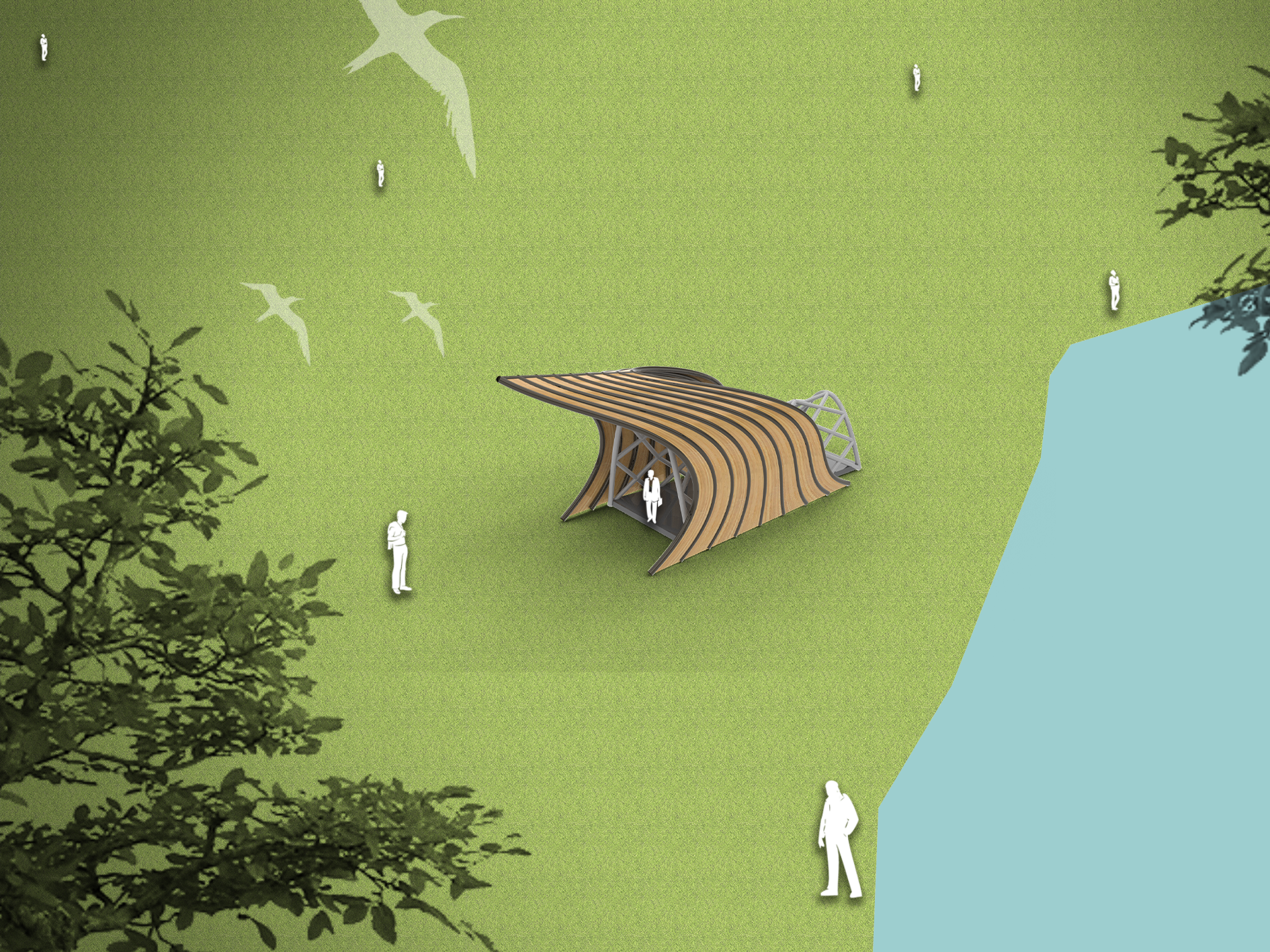 A rendering of an outdoor area with a modern, curved wooden structure near a body of water. There are several people — some standing, some walking, and one inside the structure — and trees surrounding the scene.