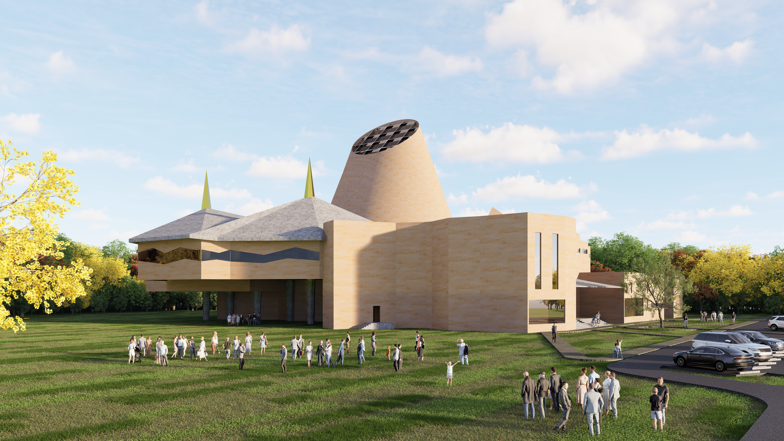 Modern building with unique roof structure and a large chimney, surrounded by trees and an open grassy area, with people walking and gathering outside on a sunny day.
