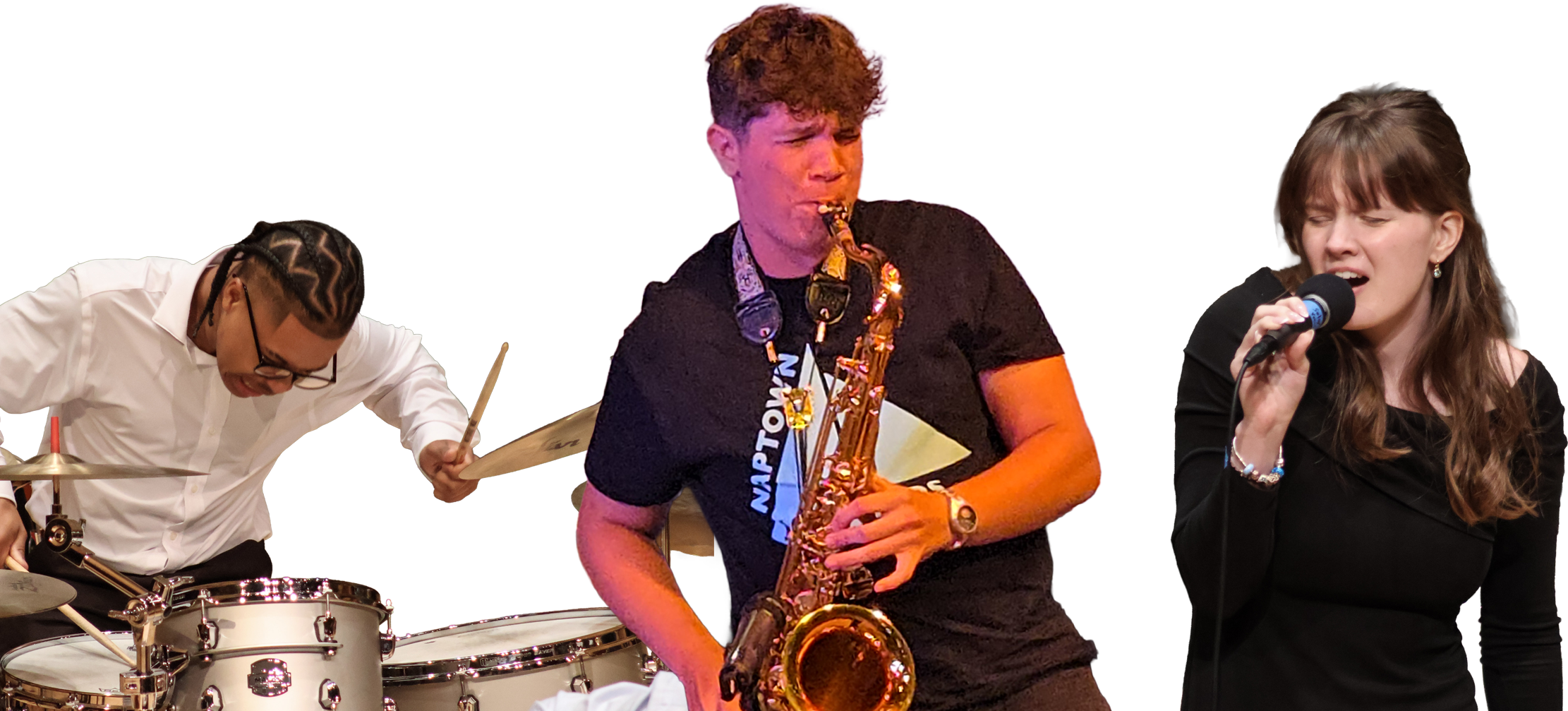 Three musicians performing on stage. The first is a drummer with dreadlocks and glasses, playing the drums. The second is a saxophonist with curly hair, wearing a black T-shirt, playing the saxophone. The third is a female singer with long brown hair, wearing a black outfit, holding a microphone and singing.