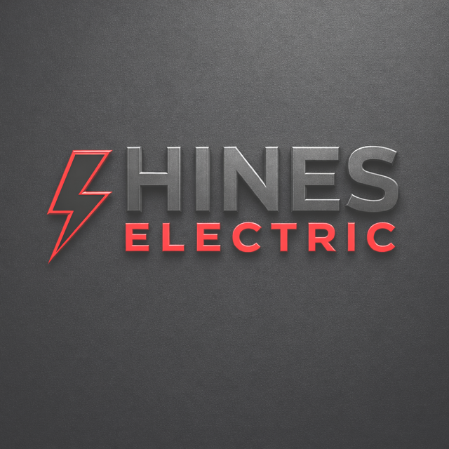 Logo for Hines Electric with a red lightning bolt and gray and red text on a dark gray background.