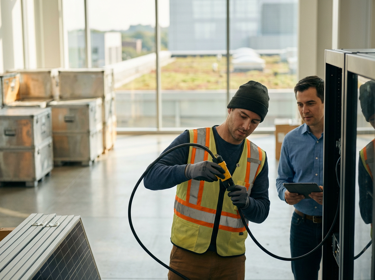 Two men working with electrical equipment in a bright warehouse or industrial space, with boxes and large windows in the background.
