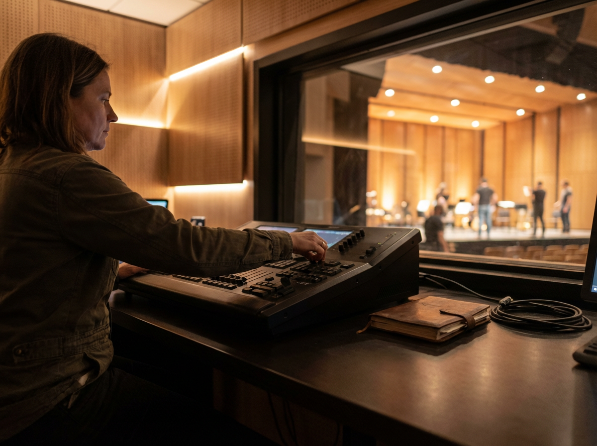 A woman operating a lighting or sound control board in a recording studio or theater control room, with a view of performers rehearsing or preparing on stage through a large window.