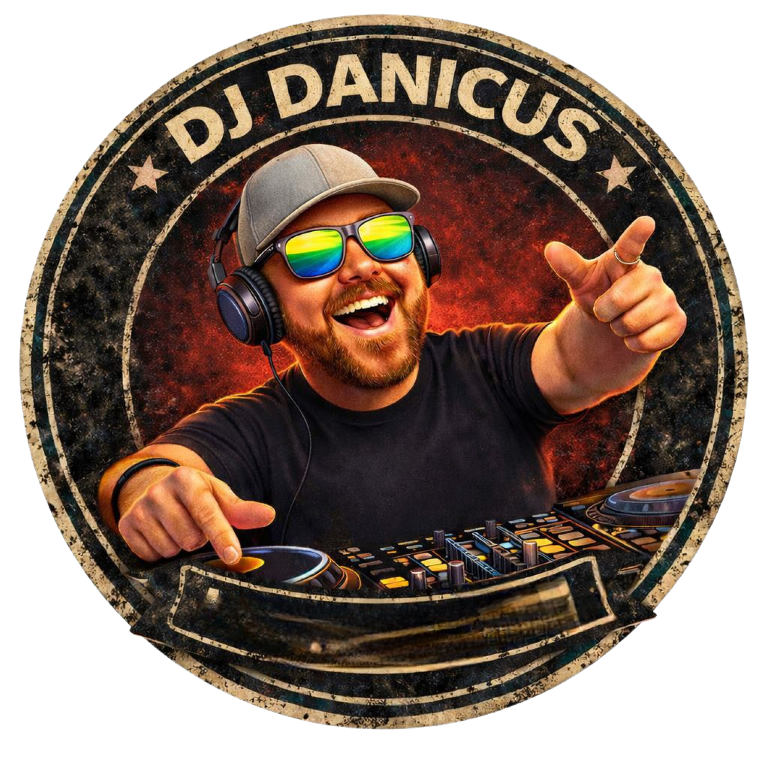 A male DJ wearing sunglasses and headphones, smiling and pointing at a DJ mixer, with a background and border design that reads 'DJ Dancus'.