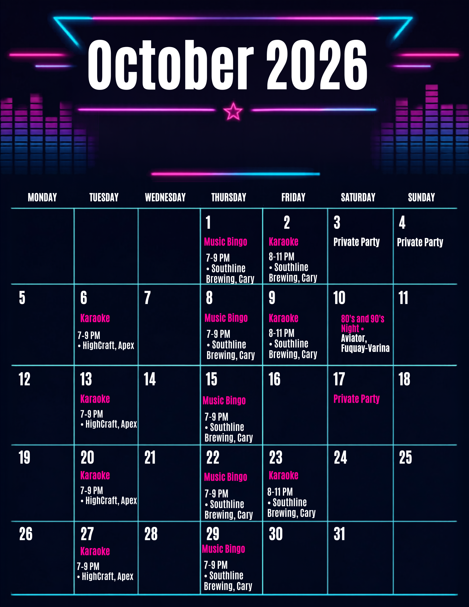 A neon-themed event calendar for October 2026 showing weekly events at a brewery. Multiple karaoke nights are scheduled on October 7, 14, 21, and 28 from 7 to 9 PM at HighCraft and Apex. Music bingo sessions are on October 1, 15, and 29 from 7 to 9 PM at Southline Brewing in Cary. Karaoke also appears on October 2, 9, 16, and 23 from 8 to 11 PM at Southline Brewing. A private party is scheduled for October 3, 10, and 17. An 80's and 90's Night event is planned for October 17 at Aviator, Fuquay-Varina.