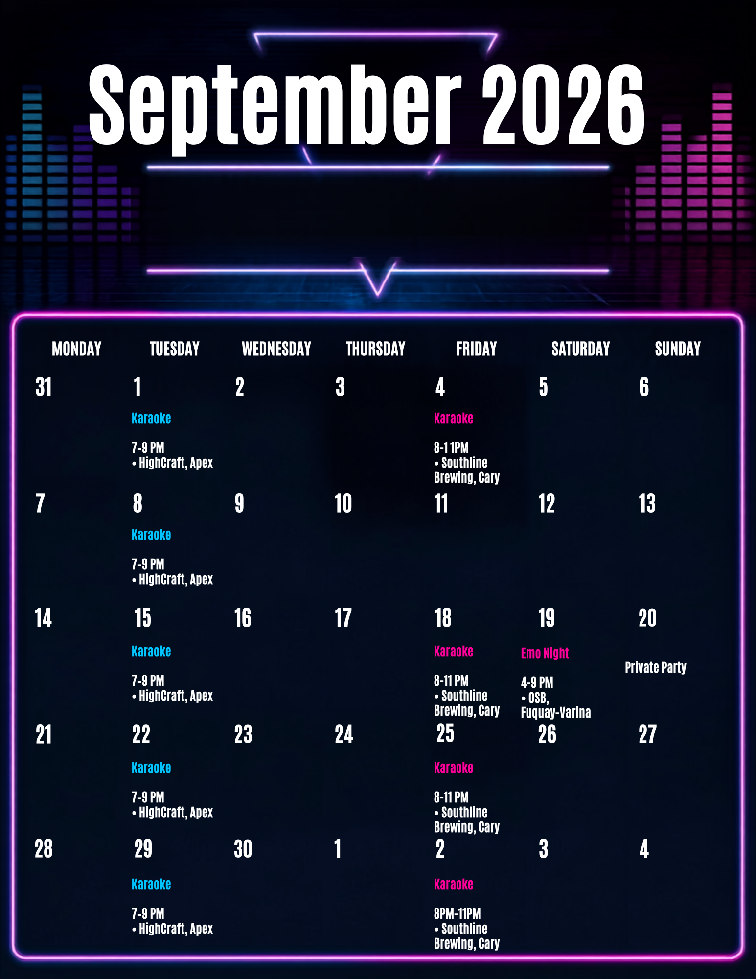 Digital calendar for September 2026 showing weekly events at a brewery or bar, including karaoke nights on Mondays, Wednesdays, Thursdays, and Fridays, with times and venues listed.