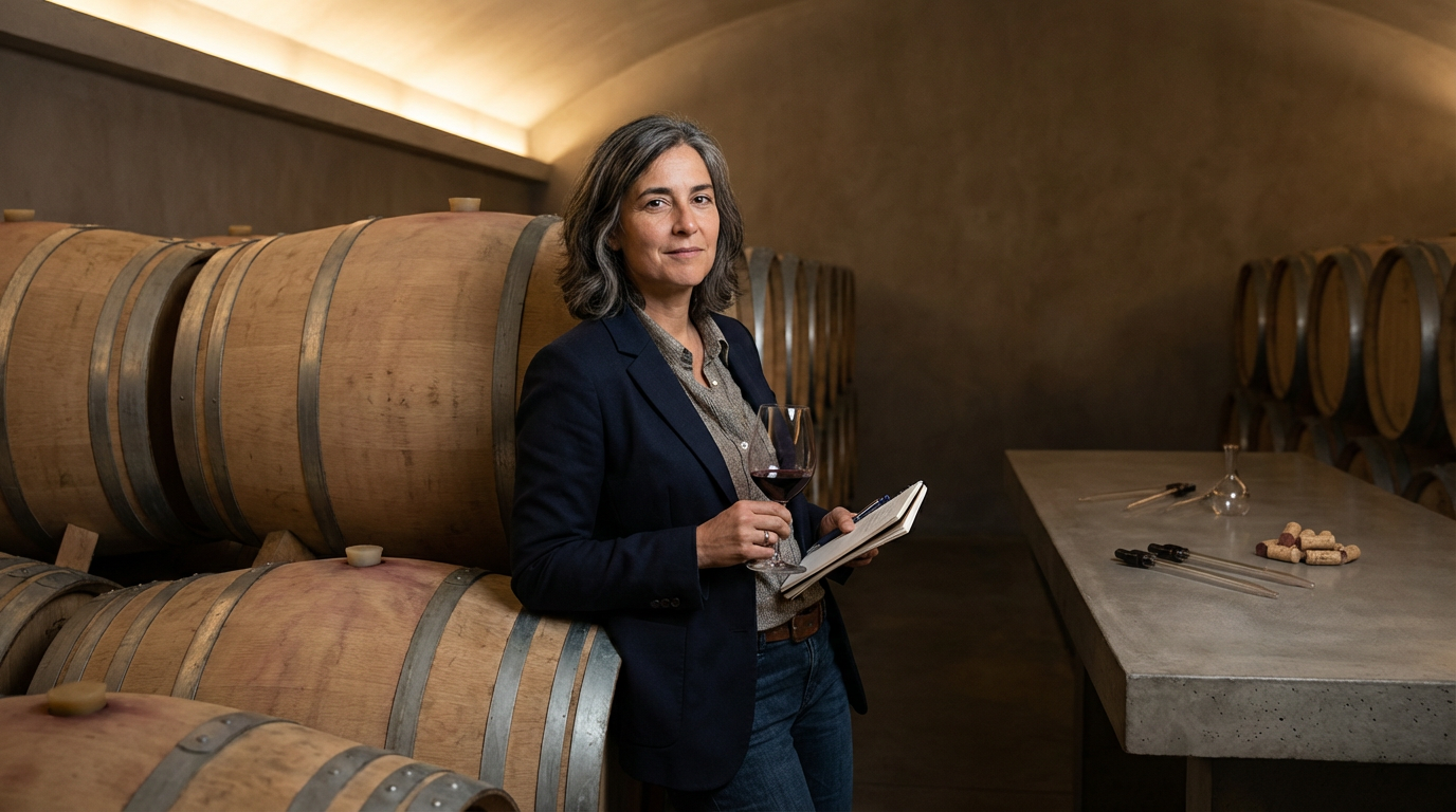 A woman with gray hair, wearing a navy blazer and jeans, standing in a wine cellar, holding a glass of red wine and a notebook.