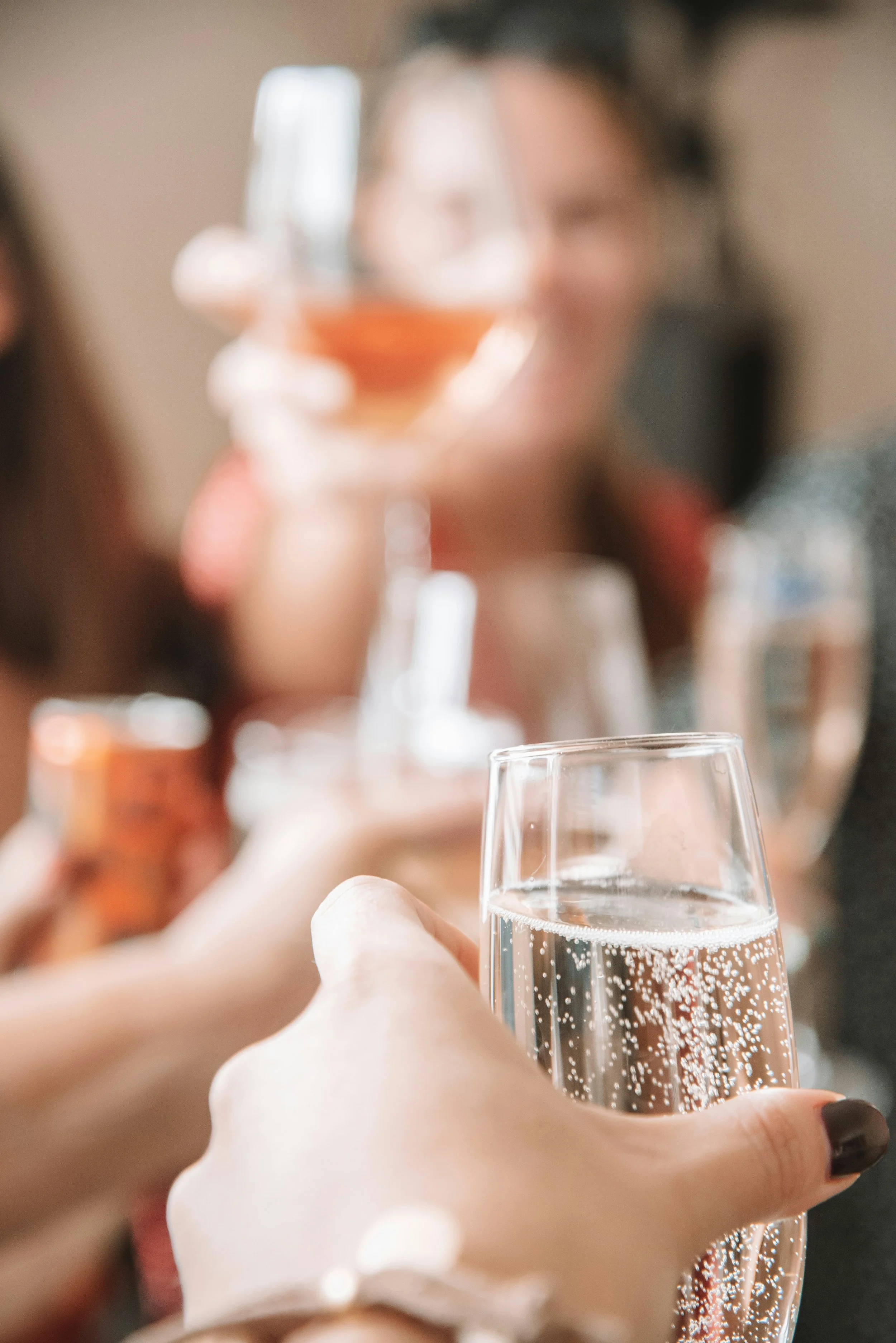 A person raising a glass of sparkling wine or champagne for a toast at a celebration, with another person blurred in the background holding a similar drink.