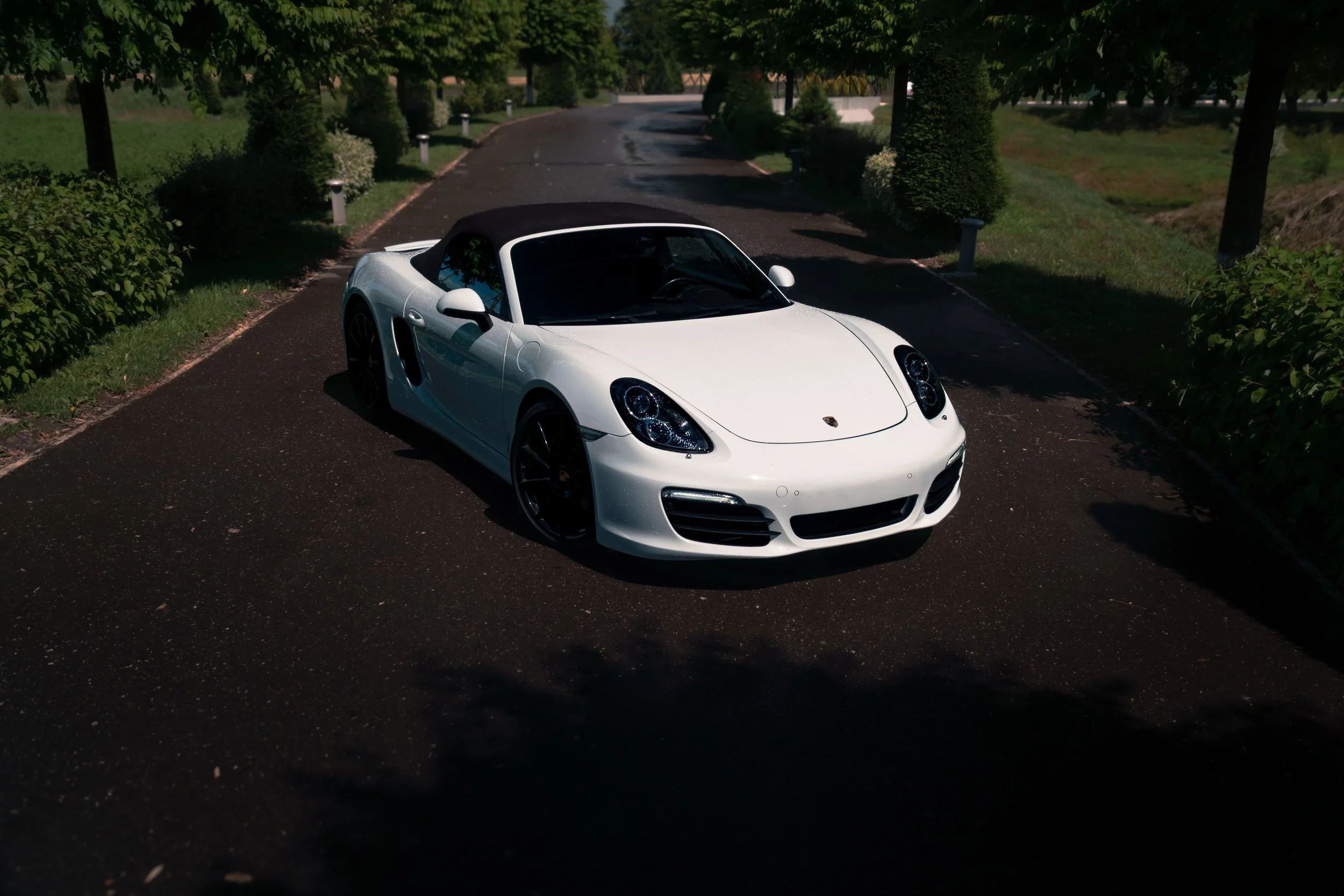 A white Porsche sports car with a black soft top parked on a paved driveway surrounded by green trees and bushes.