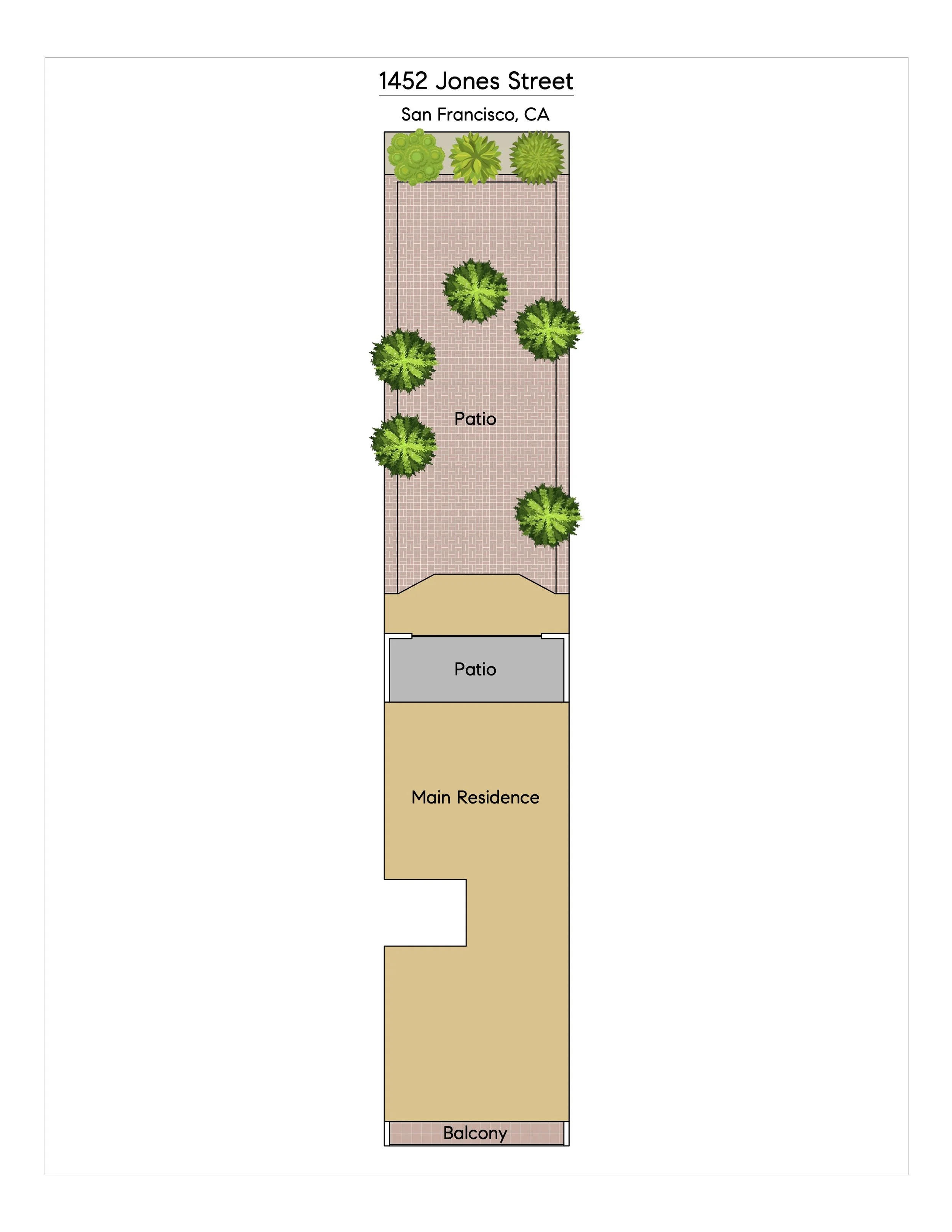Floor plan of a residence at 1452 Jones Street in San Francisco, California. The layout includes a main residence, two patios, and a balcony. The main residence is accessed via the bottom entrance leading to a long corridor, with the first patio located in the middle section of the layout, containing green trees. The upper part of the layout shows another patio with trees and a small garden space.