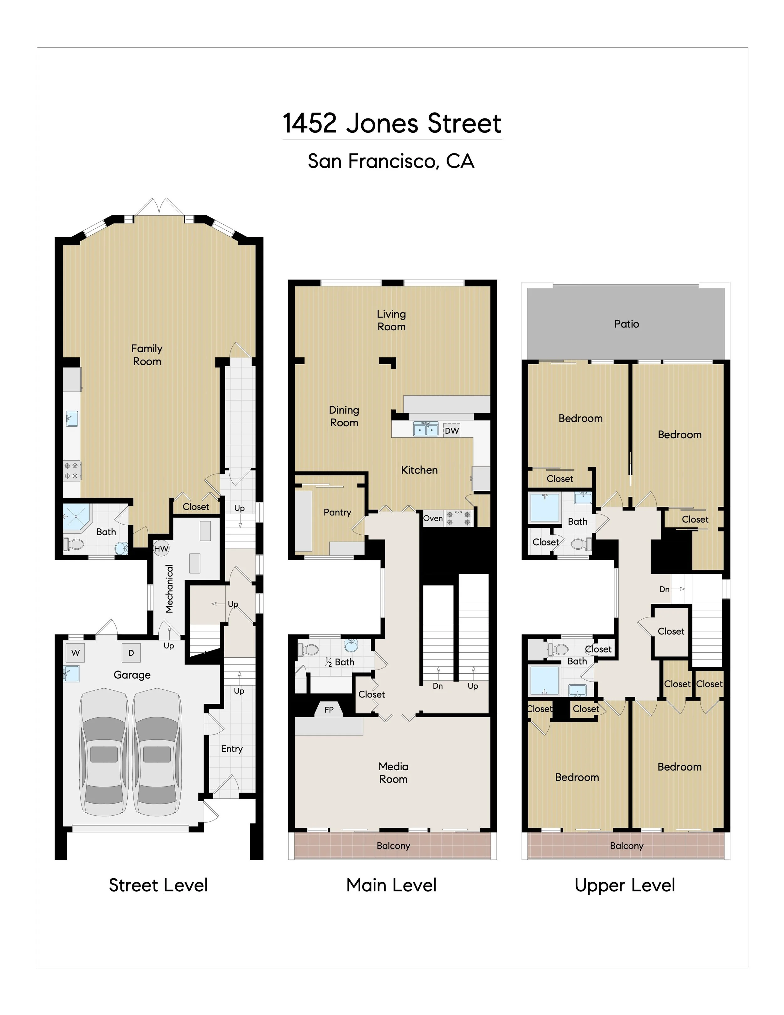 Floor plan of a house showing street level, main level, and upper level with rooms labeled, including garage, living room, kitchen, bedrooms, bathrooms, balconies, and closets.