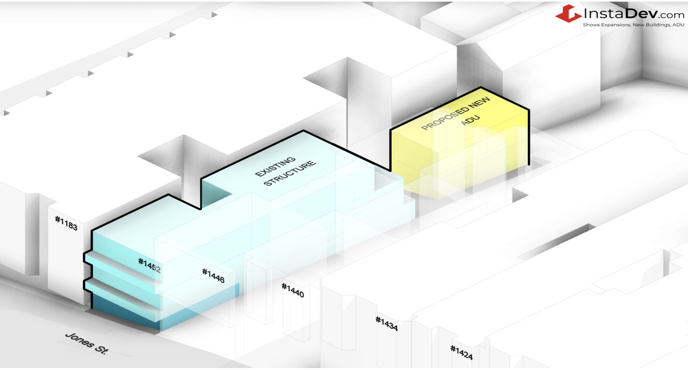 A 3D architectural diagram showing existing and proposed building structures with labeled building numbers and street name Jones St. The existing structure is highlighted in light blue and the proposed new addition in yellow. The diagram is branded with the InstaDev.com logo.