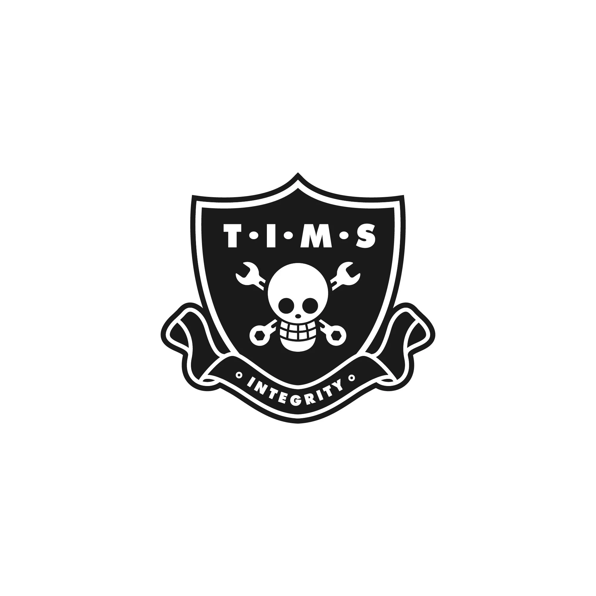 Black and white graphic of a skull with wrenches crossed behind it, inside a shield emblem with the text "T.M.S" and "INTEGRITY".
