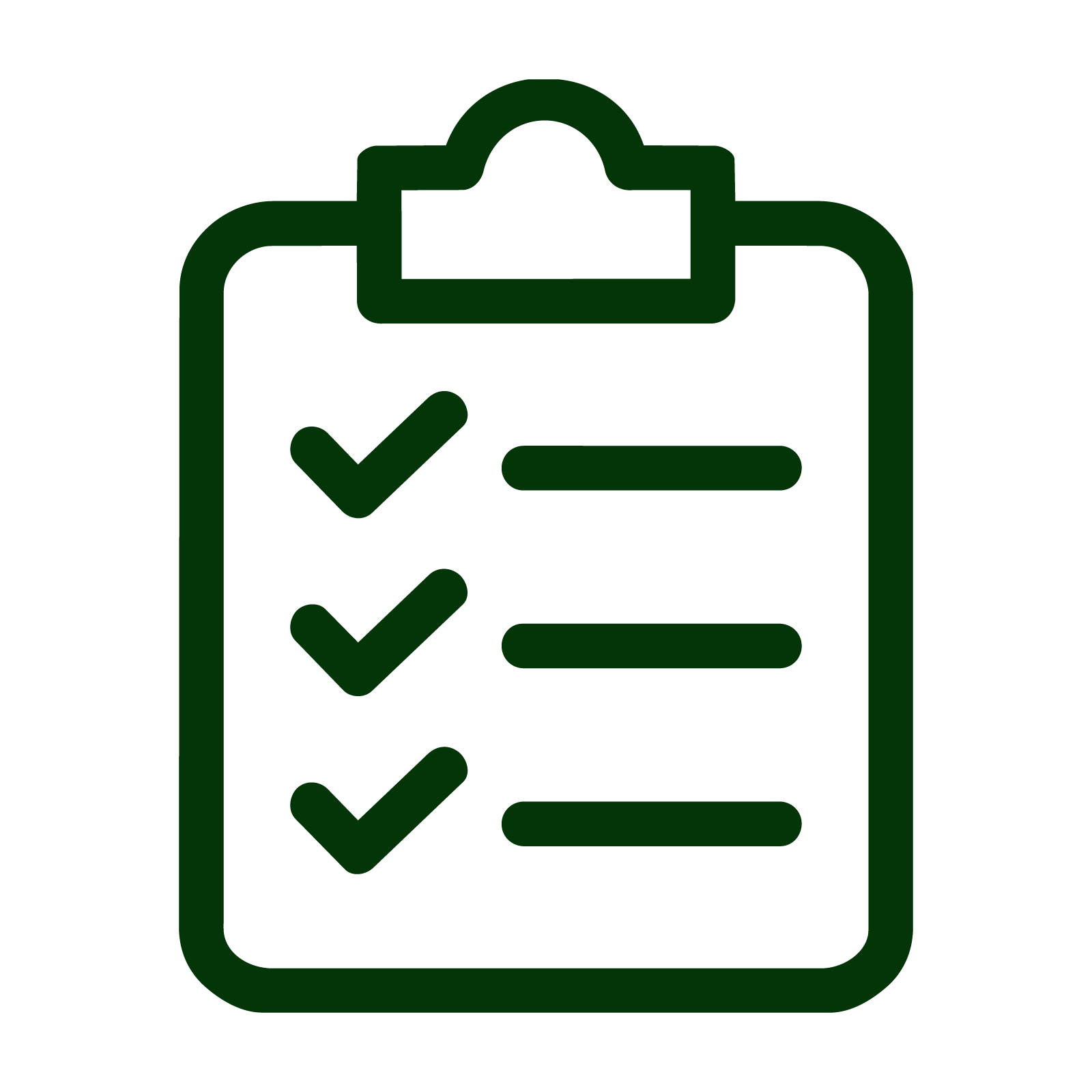 Outline of a clipboard with checkmarks on a white background.