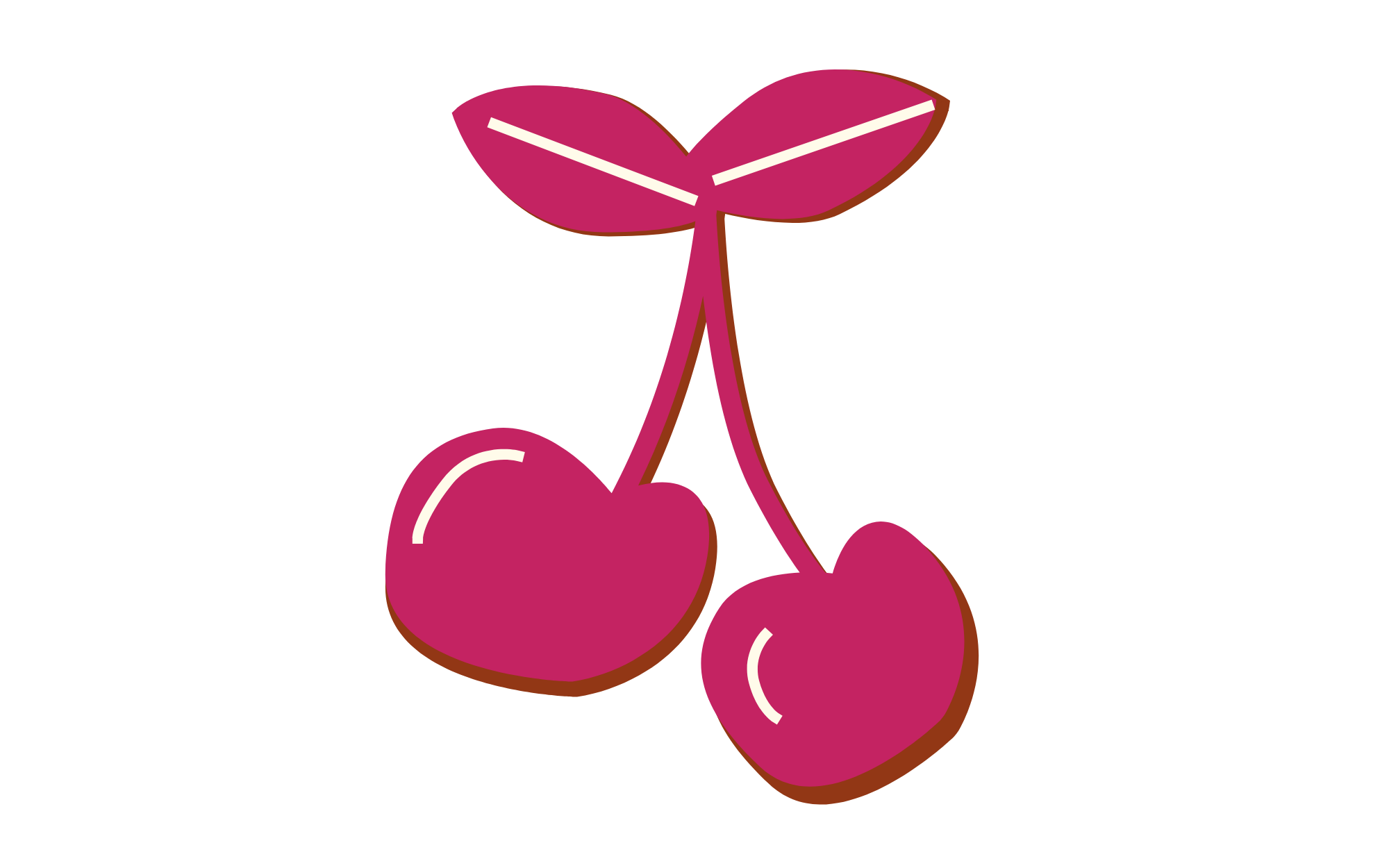 Illustration of three cherries with dark pink color, connected by stems, with a black background.