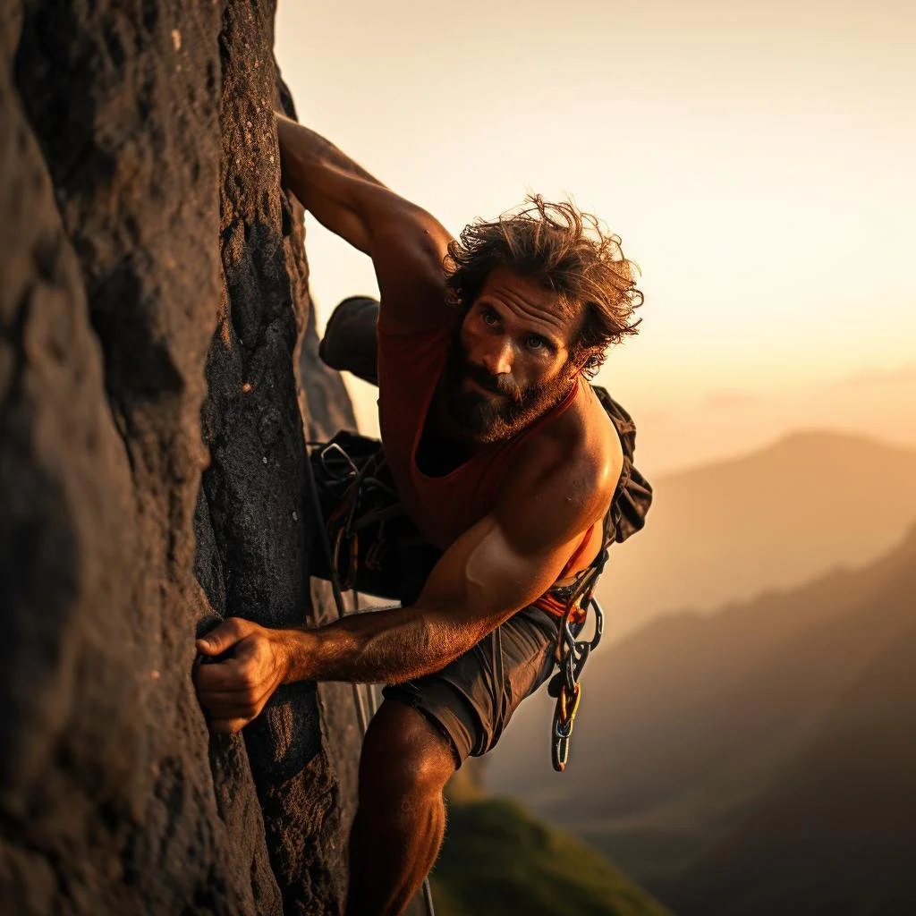 Man rock climbing on a steep rock face during sunset, wearing a red tank top and shorts, with climbing gear.