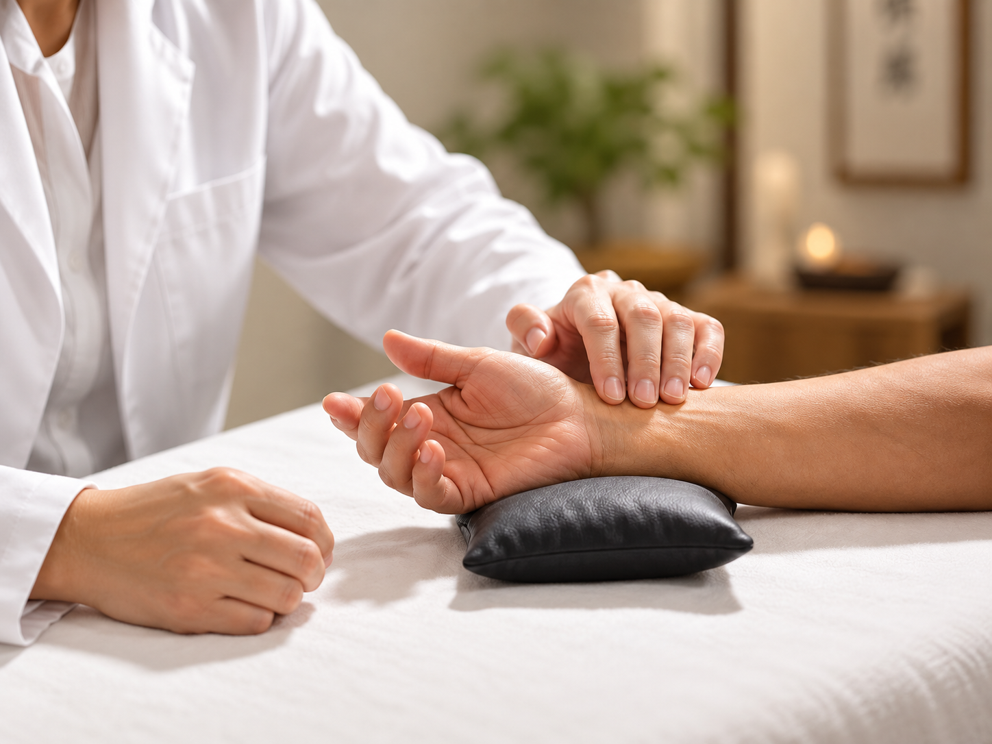 A person receiving a wrist massage from a massage therapist in a spa or clinic setting.