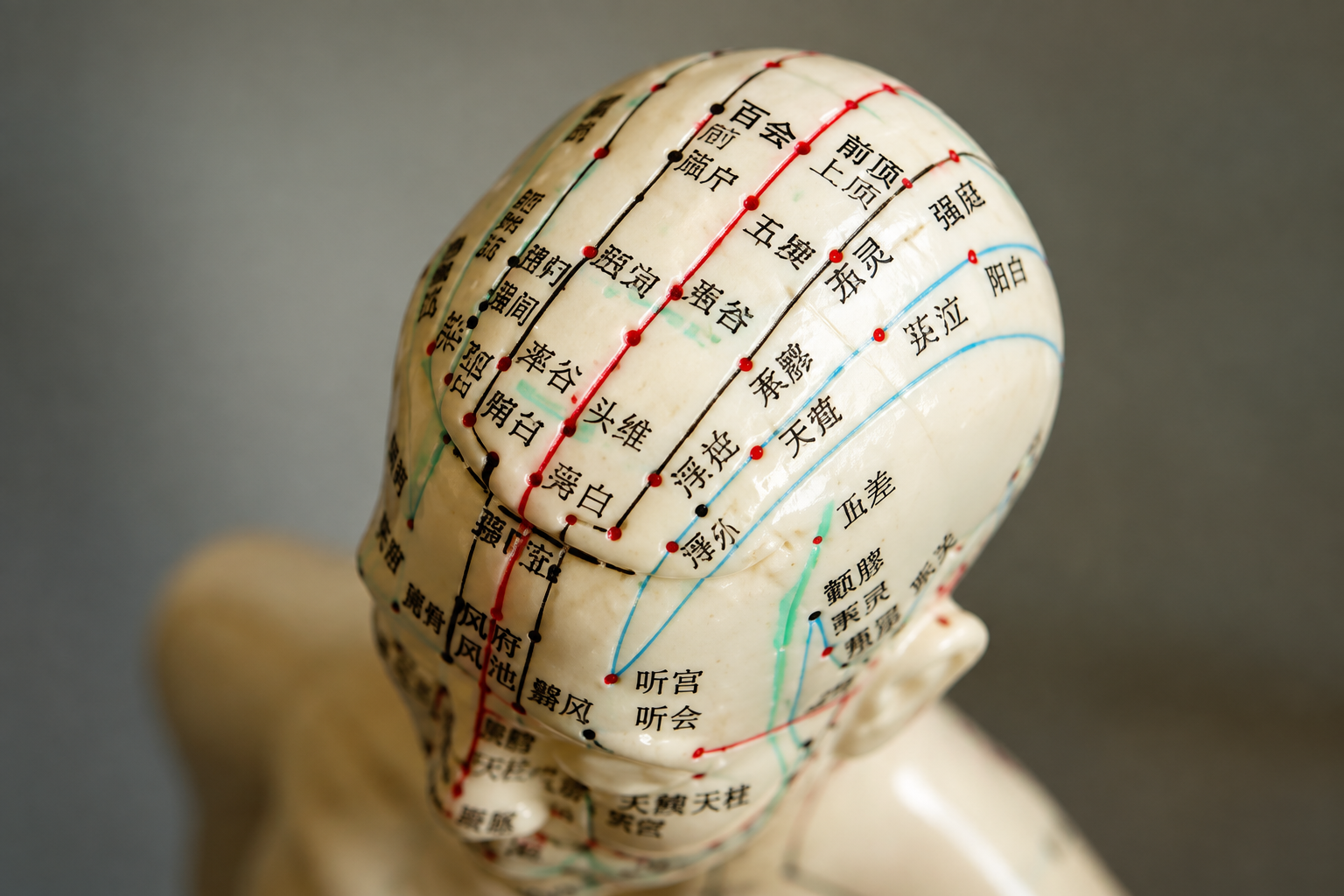 A model of a human head with acupuncture meridian lines and Chinese characters marked on it.
