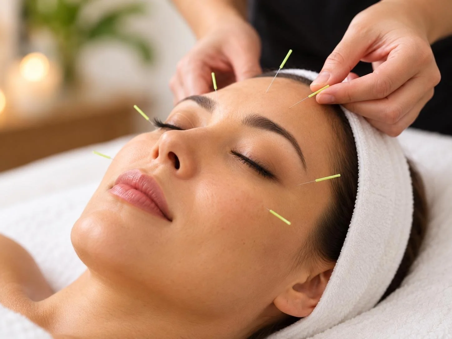 A woman receives an acupuncture treatment, lying on her back with closed eyes, as needles are inserted into her face and forehead by a practitioner.
