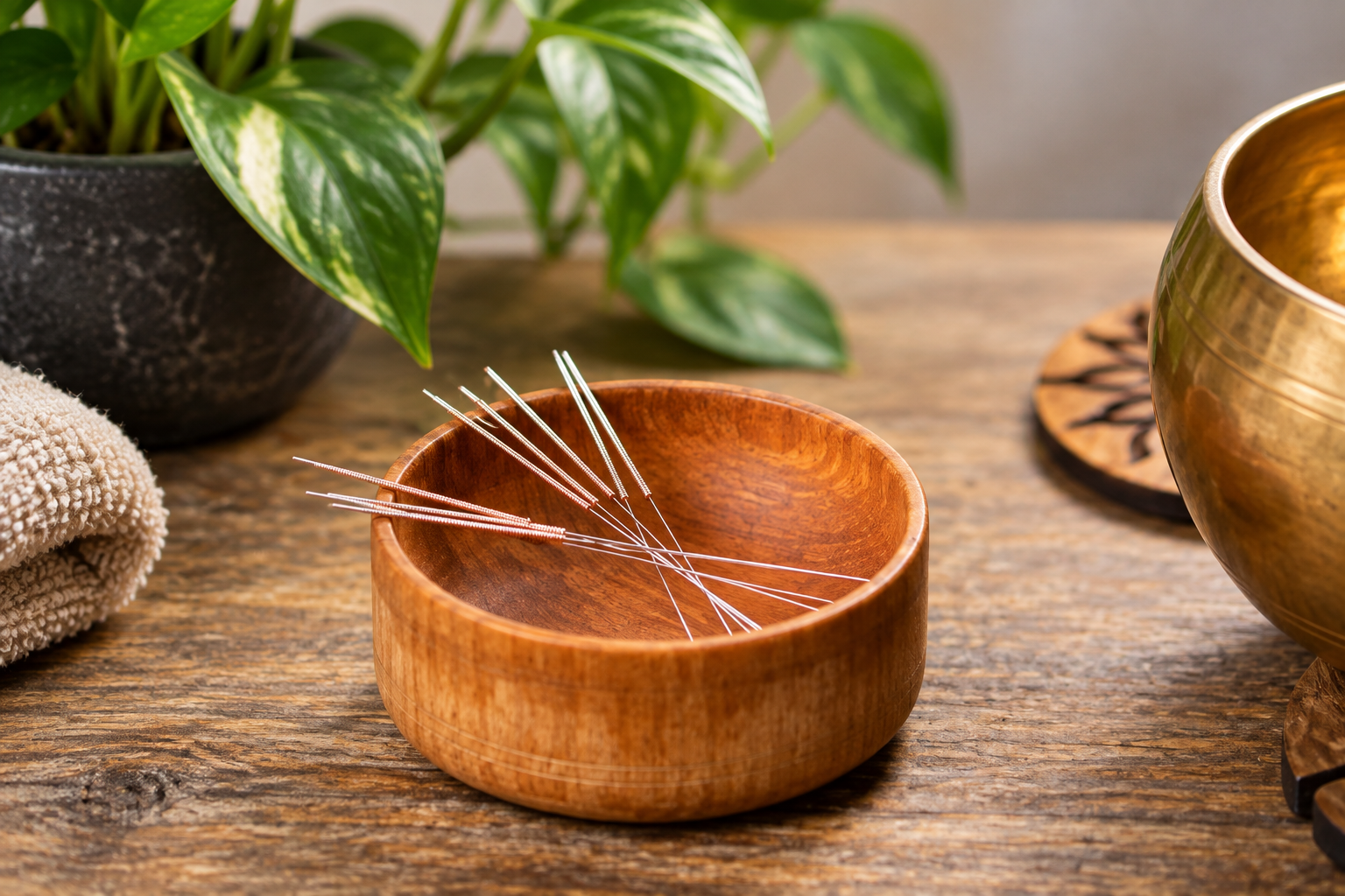 A wooden bowl containing acupuncture needles on a wooden table with a potted plant, a rolled towel, and decorative objects around it.