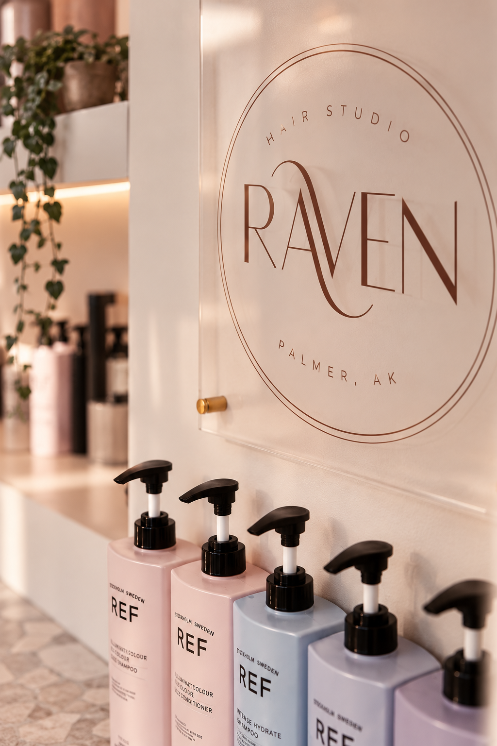 Raven Hair Studio Palmer, Alaska logo sign above salon hair care products