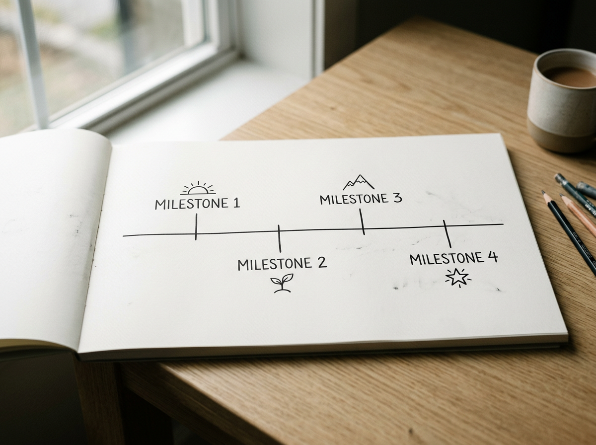 Open notebook on a wooden table shows a timeline with four milestones, icons of a sun, a plant, mountains, and a star, near a window with a mug of coffee, pens, and pencils nearby.