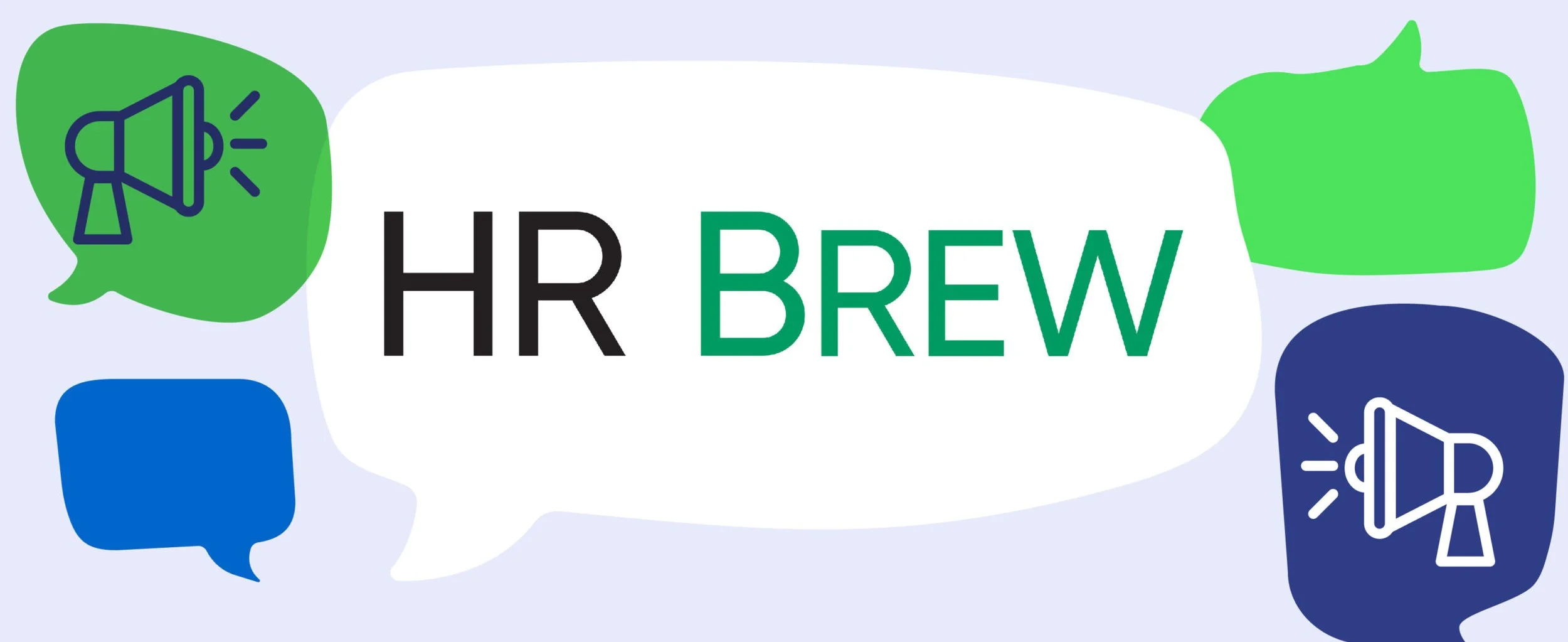 Illustration with speech bubbles and megaphone icons surrounding the text 'HR BREW' on a light background.