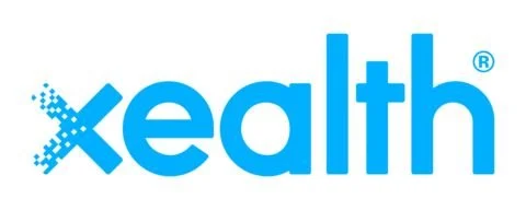 Logo with the word 'xhealth' in blue text with a pixelated 'X' on the left side.