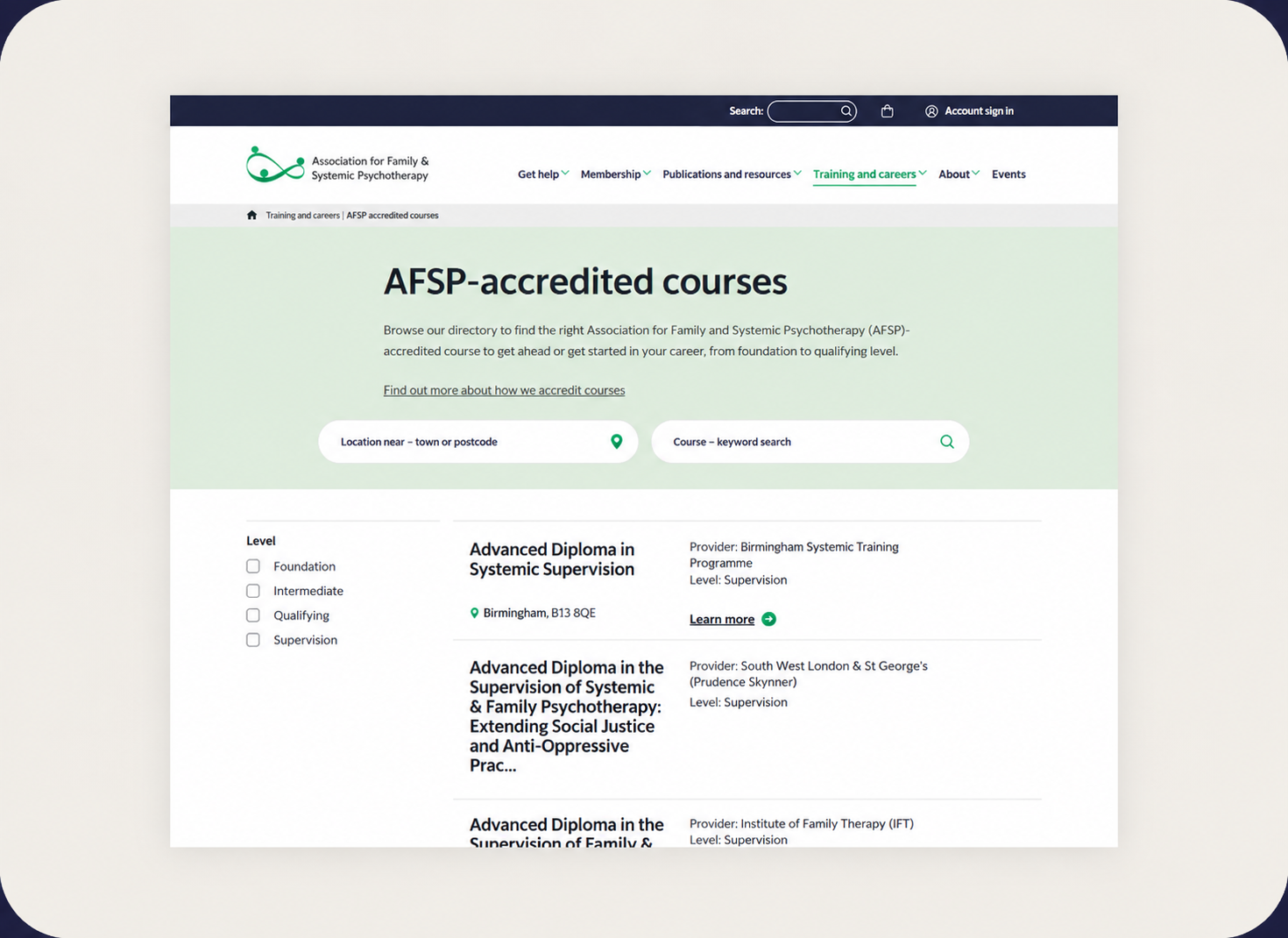 The AFSP course directory page