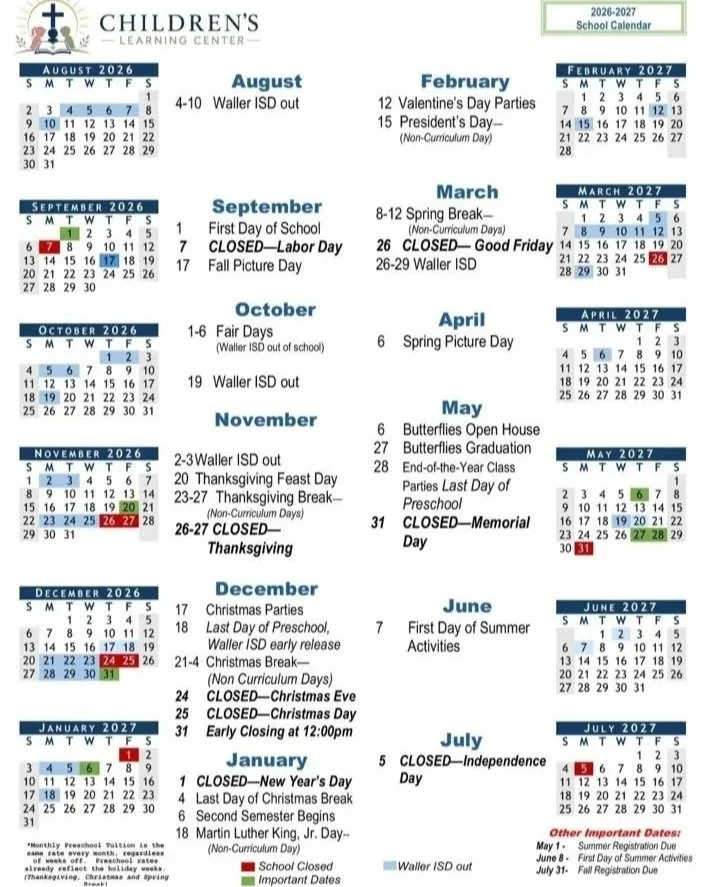 2026-2027 school calendar for Children's Learning Center, showing months from August 2026 to July 2027, with events and breaks marked.
