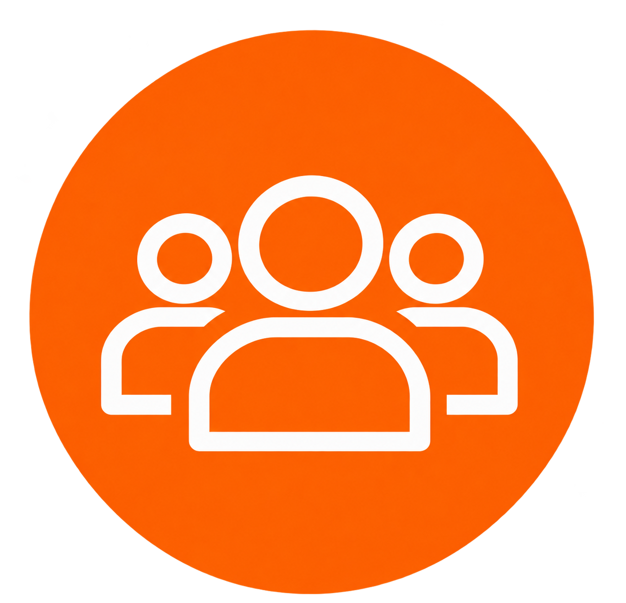 Icon of a group of three white human figures on an orange circular background.