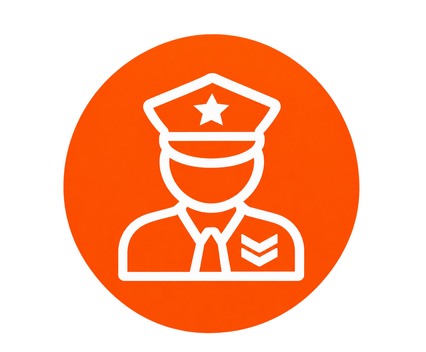 Icon of a police officer with a star on the hat, wearing uniform and tie, set against an orange circular background.
