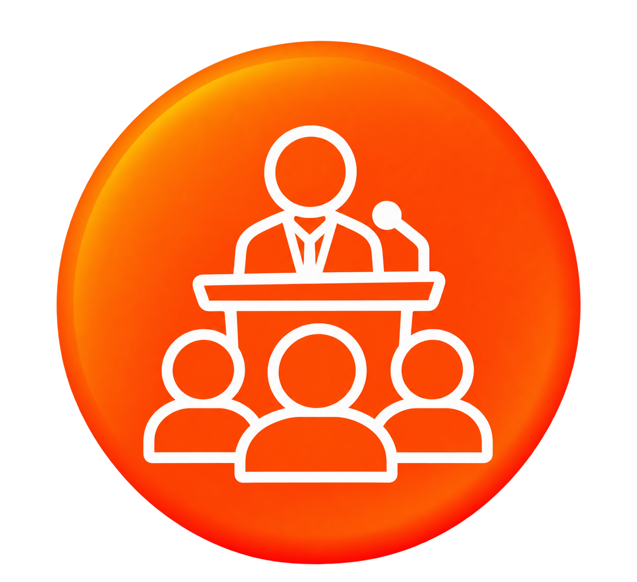 Icon of a person speaking at a podium with three people listening, representing a presentation or speech.