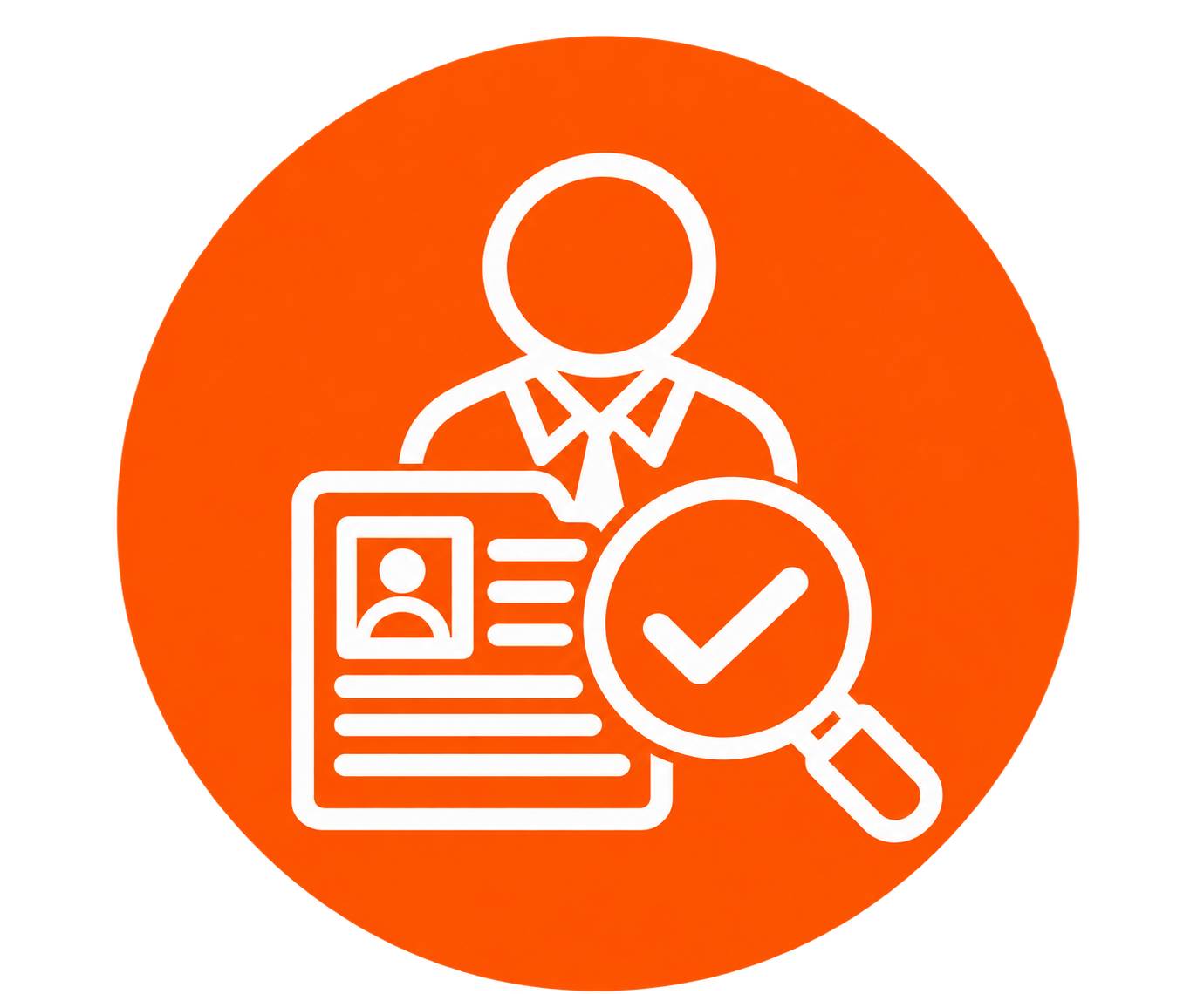 Icon of a person with a nametag, a magnifying glass with a checkmark, and a profile card, on an orange circular background.