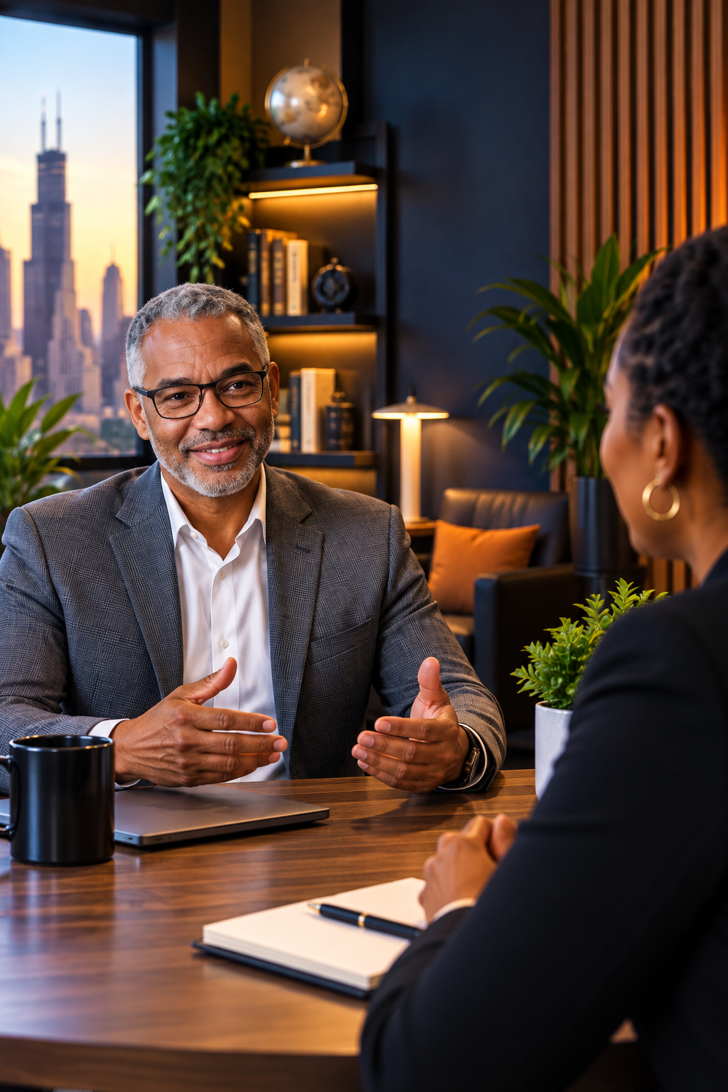 Two professionally dressed individuals having a conversation in an office with a city skyline view, bookshelf, and plants in the background.