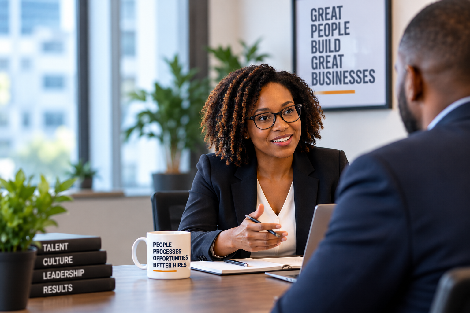 A woman with glasses and curly hair engaged in a business meeting with a man in an office. The woman is smiling and holding a pen, with a notebook and a mug on the table. The background features a motivational poster, plants, and a window.