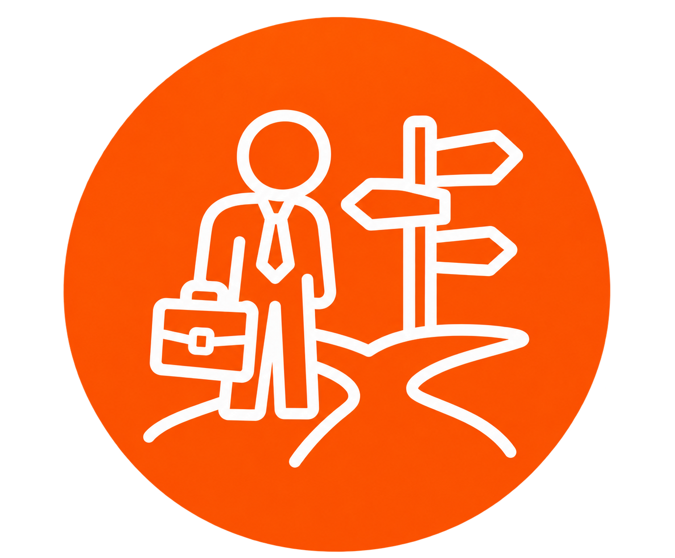 A white outline of a person in business attire, holding a briefcase, standing next to a signpost with multiple directional arrows on an orange circular background.