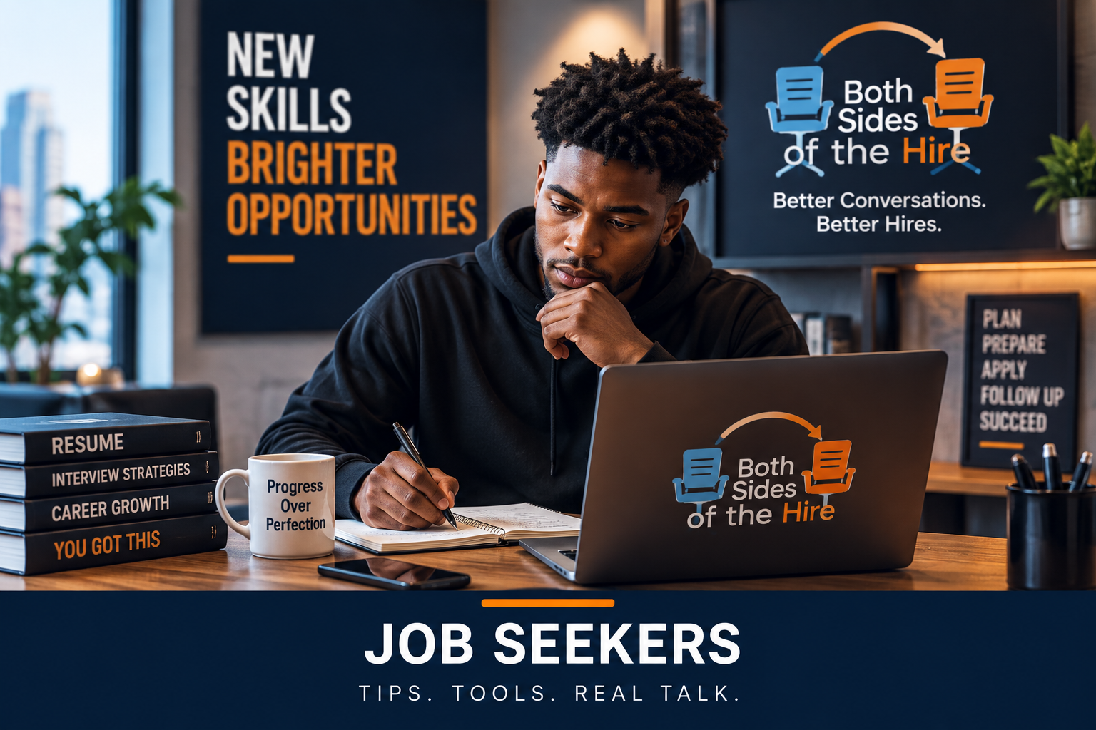 A young man with a thoughtful expression sitting at a desk with a laptop, notebooks, and a coffee mug, in a modern office setting. The background features a large sign with the text 'New Skills Brighter Opportunities' and a graphic promoting 'Both Sides of the Hire' for better conversations and hires. The desk has books titled 'Resume,' 'Interview Strategies,' 'Career Growth,' and a mug labeled 'Progress Over Perfection.'
