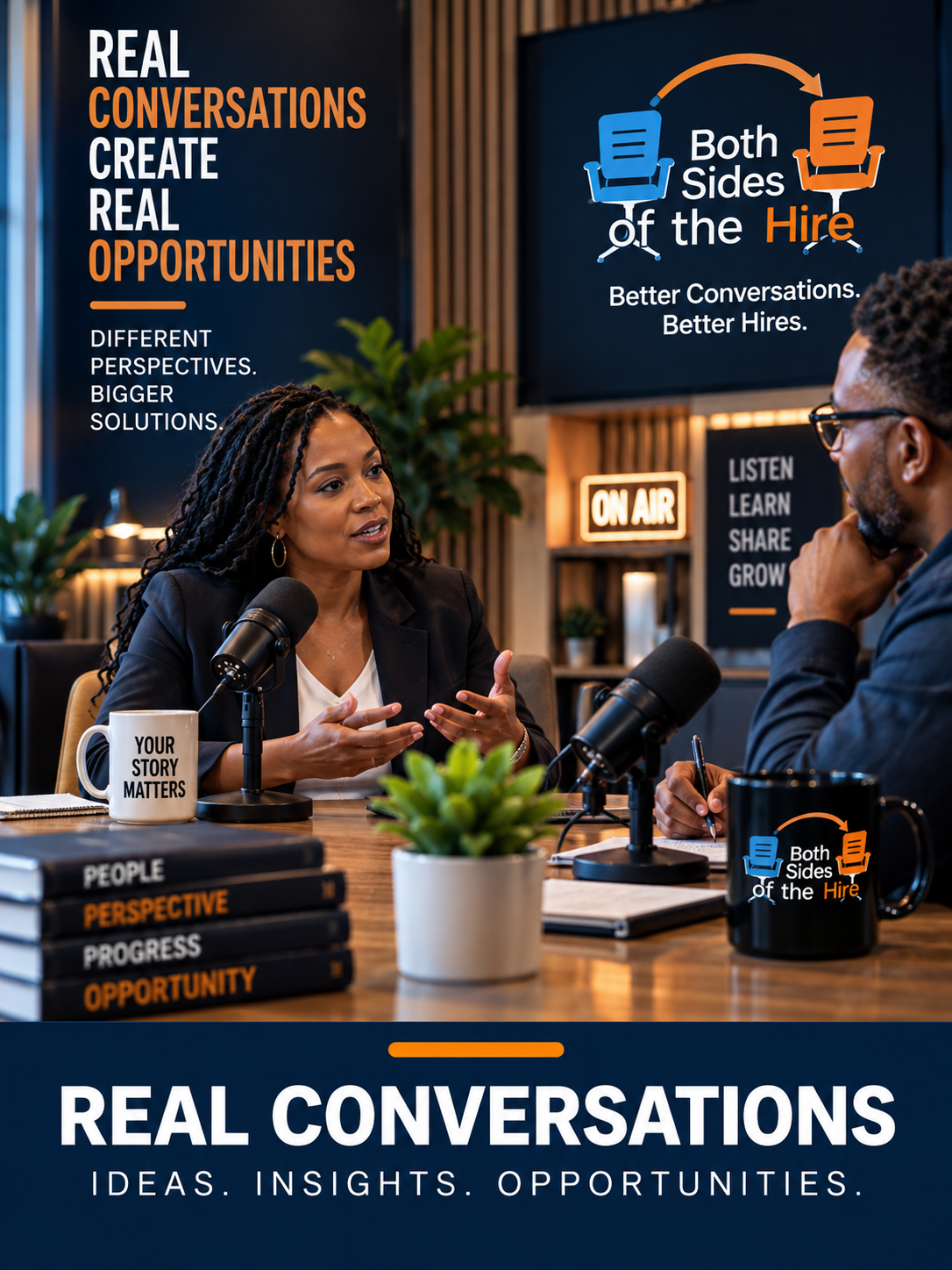 Two people engaged in a conversation during a radio interview in a modern office or studio, with signs and posters promoting discussions, opportunities, and interviews visible in the background and on them.