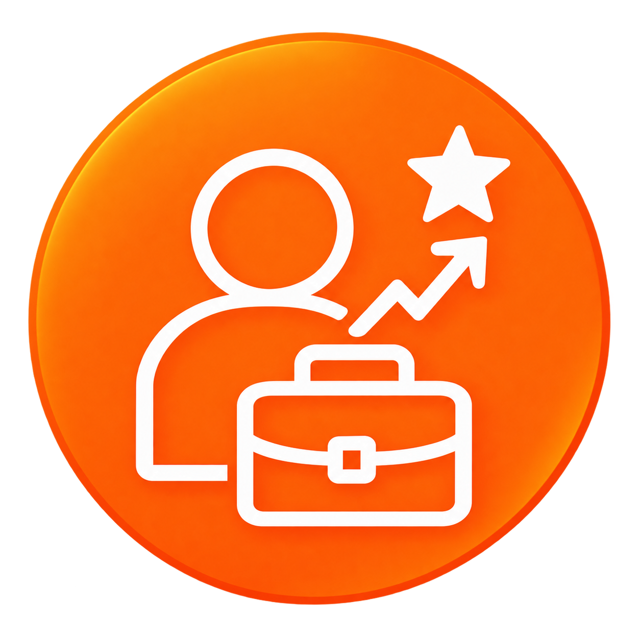 An orange circular icon depicting a person with a briefcase, an upward trending arrow, and a star.