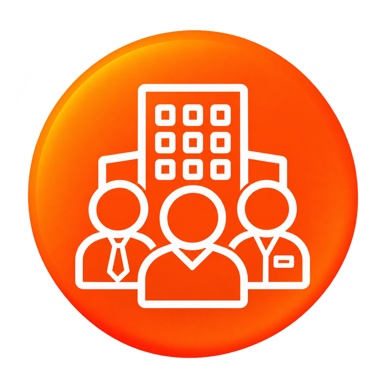 Icons of three businesspeople with a building in the background on an orange circular background.