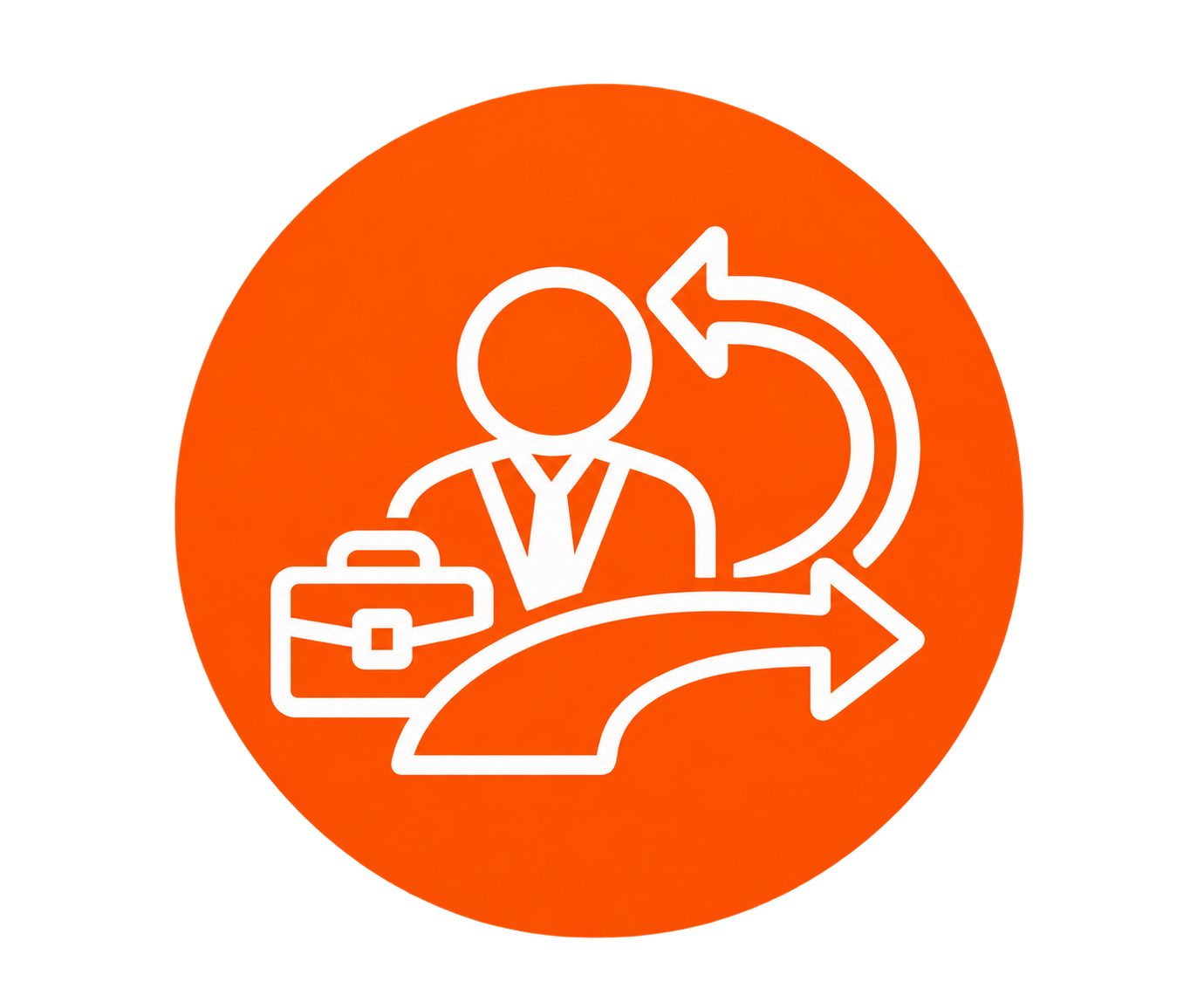 Icon of a business person with a briefcase, with arrows indicating a return or feedback loop and a forward direction, on an orange background.