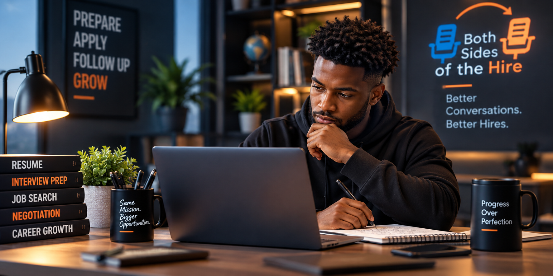 Man sitting at a desk looking at a laptop with books, a mug, and a notebook, in an office with motivational posters about career growth and job search.