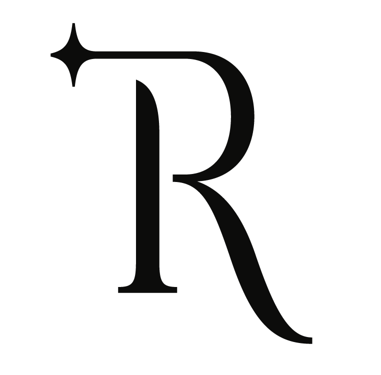 Black letter R with a star-shaped sparkle above it.
