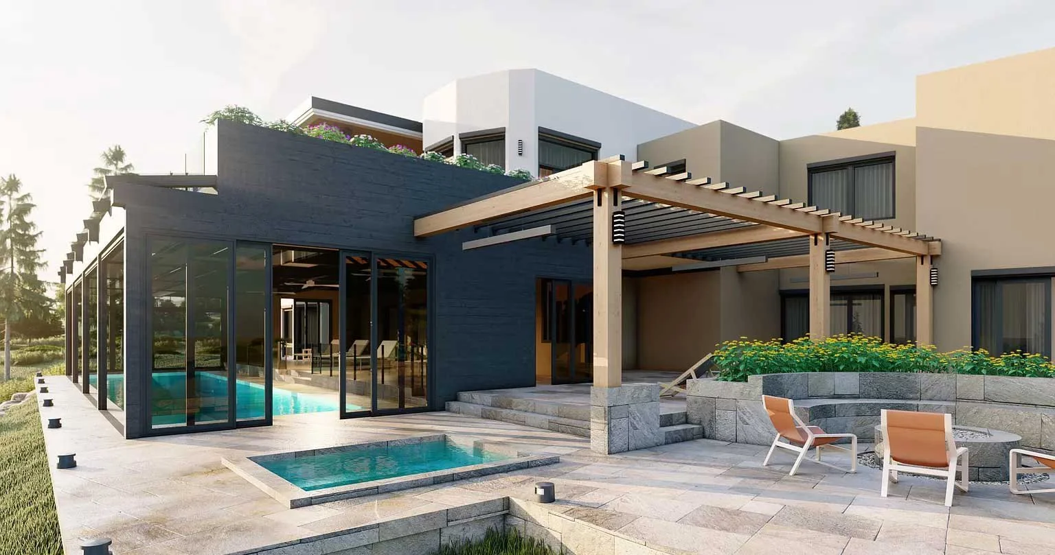 High-quality rendering of a modern home in the mountains built by Form 44 Construction showing an enclosed pool area and patio.