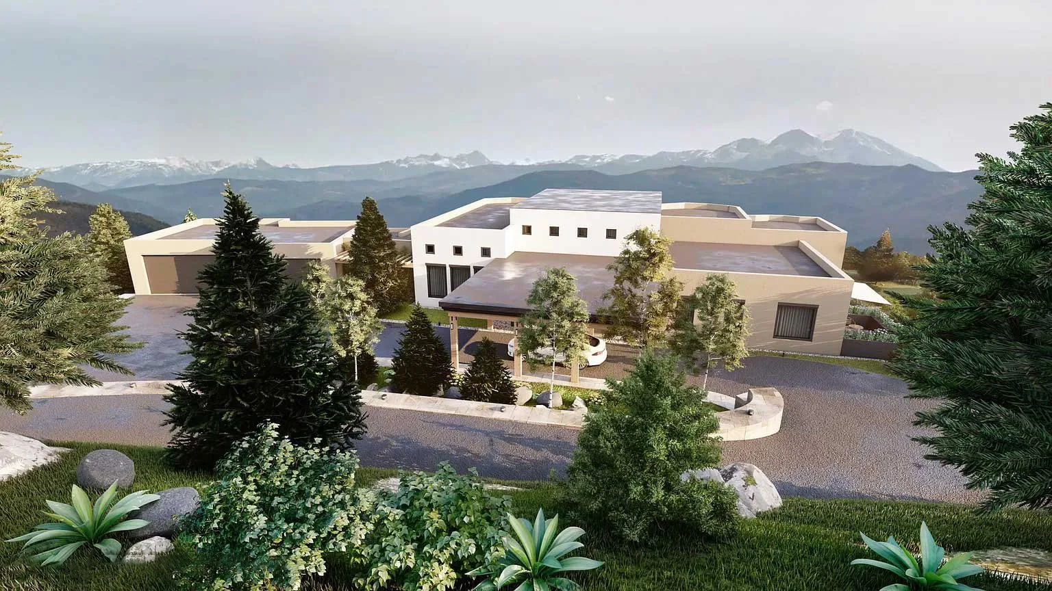 High-quality rendering of a modern home in the mountains built by Form 44 Construction surrounded by forest and showing the driveway, garage, and entry area of the home.