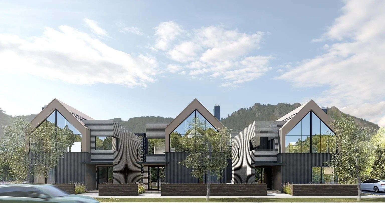 The White Elephant Residences. A series of three modern condo units featuring large triangular glass windows and sleek, modern design built by John Olson, owner of Form 44 Construction, on West Bleeker Street in Aspen, Colorado 